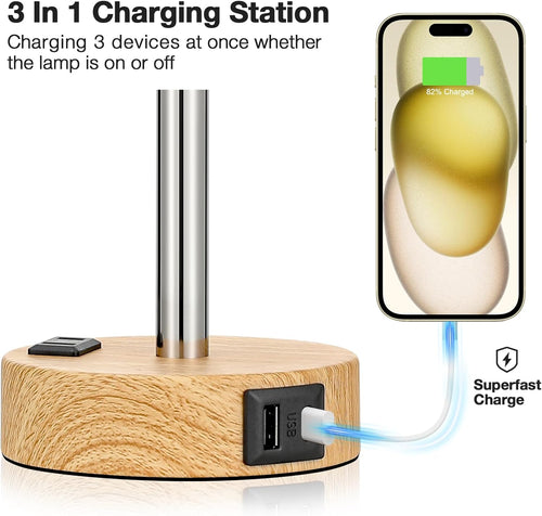Fenmzee Bedside Table Lamp for Bedroom - 3 Way Dimmable Touch Lamp USB C Charging Ports and AC Outlet, Small Lamp Wood Base Round Flaxen Fabric Shade for Living Room, Desk, LED Bulb Included